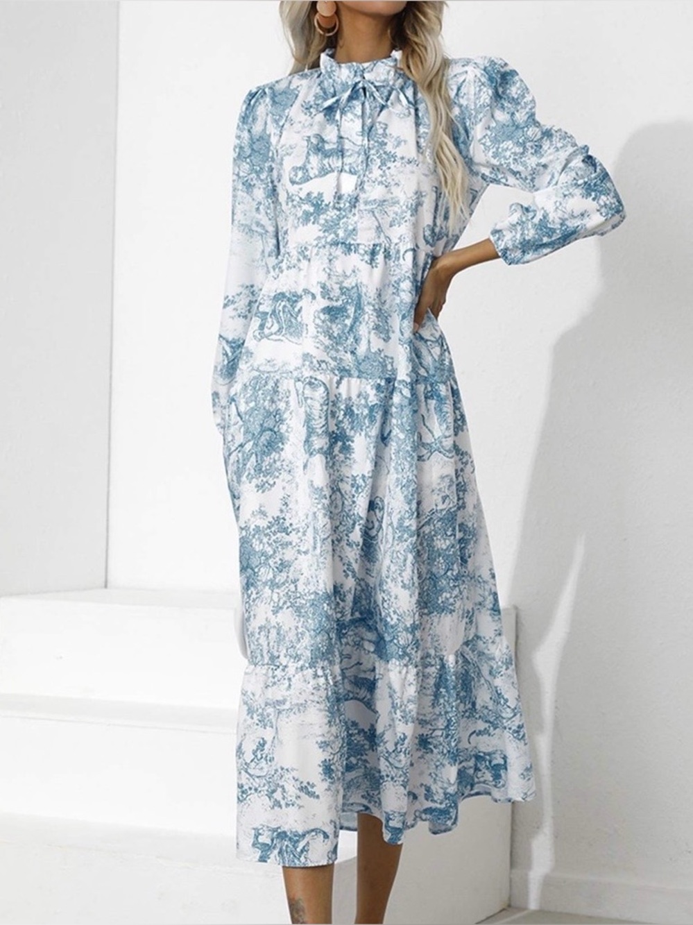Anna-Kaci Women’s Blue Toile Maxi Dress - Relaxed Tiered Silhouette